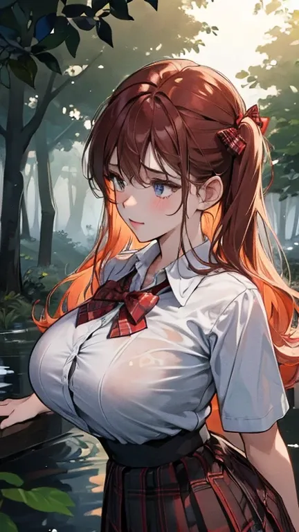 (in the dark:1.6) , big breasts , big tits , school girl Soak in water , skirt dark red , plaid skirt , pleated skirt , red knot , red bow , school girl in an forest