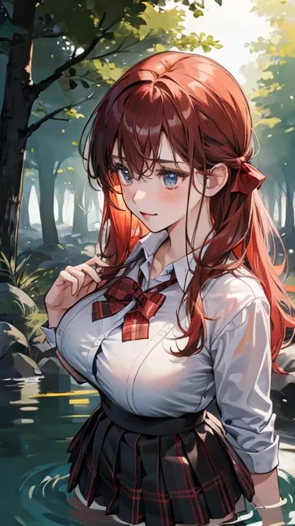 (in the dark:1.6) , big breasts , big tits , school girl Soak in water , skirt dark red , plaid skirt , pleated skirt , red knot , red bow , school girl in an forest