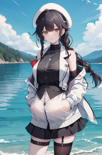 masterpiece, best quality, high resolution, Uh-huh 1, have, Berets, braid, Hairpin, Large Breasts, Black necklace, gray shirt, sleeveless tops, white jacket, Open jacket, Long sleeve, Black skirt, fishing net, Thigh straps, Knee high socks, permanent, Cowb...