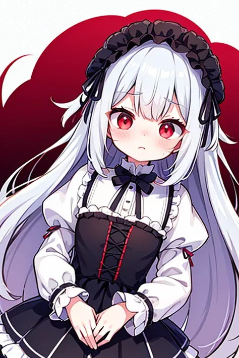 8K quality，Silver Hair,Red-eyed girl,cute ,Long Hair,Heartwarming,mini skirt,Lolita,Laughter,Thumbnail Style Aid Clothes，fluffy，Looking down from above,Whole Body Ezbian,heart background,Embarrassed expression