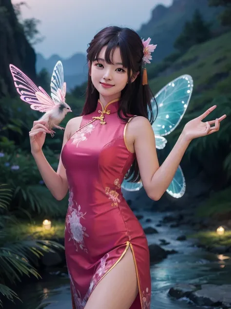 masterpiece, highest quality, One girl, alone,hot_Pink Chinese Dress,Brown_hair,two_~ side_superior,Fairy Glen at dusk with shining lights, Bioluminescent Glow, Evening Magic, Enchanted Valley.,smile,