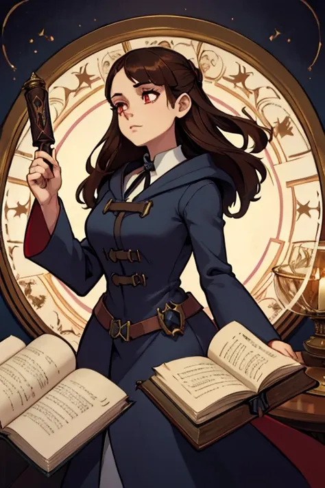 A brown haired female witch with red eyes with an hourglass figure in a conservative Victorian dress is picking out a spell book