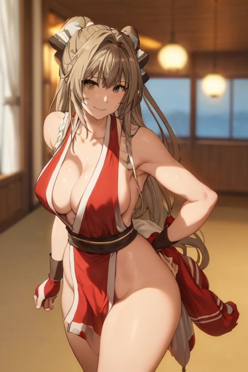 masterpiece, best quality, beautiful art, high resolution, well formed hands, body and fingers, 1 woman, solo, Sento Isuzu, cosplaying as Mai Shiranui , adult, big breasted, cleavage full body, long hair, hair ornament, gorgeous legs and, thighs, sexy Japa...