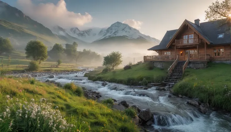 amazing, masterpiece, detailed, super detailed, clear, breathtaking, work of art, realistic, realistic, cozy, highest quality , 8K, sharp, HDR, UHD , art photography art, cinema style, best quality, majestic mountains, a wooden house in the mountains, gras...