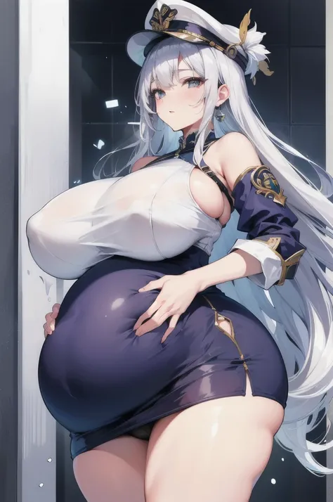 (Top quality)、(high resolution)、The original、(1 woman)、Sexy、Thick、Big body、Silver Hair,navy、mini skirt,white hat,(Pregnant，Huge Breasts：1.8)，Soaked