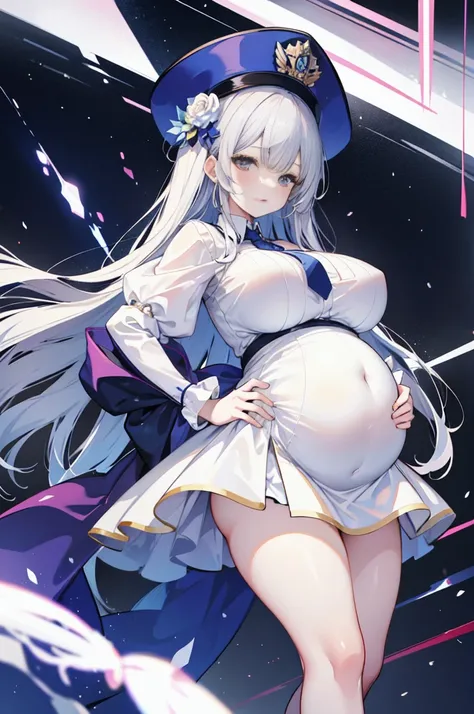 (Top quality)、(high resolution)、The original、(1 woman)、Sexy、Thick、Big body、Silver Hair,navy、mini skirt,white hat,(Pregnant，Huge Breasts：1.8)，Soaked