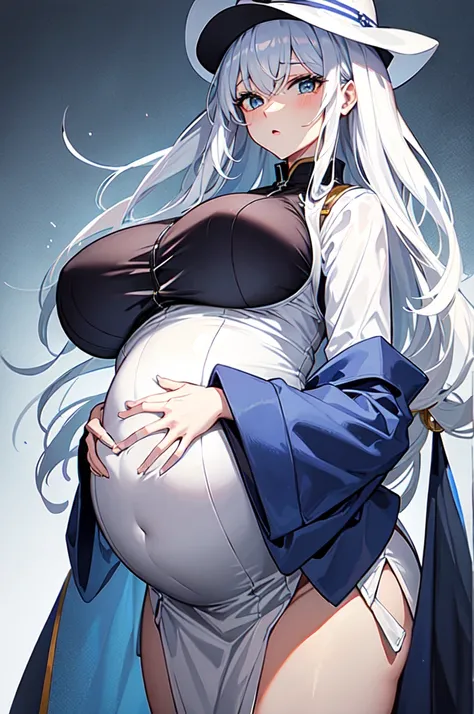 (Top quality)、(high resolution)、The original、(1 woman)、Sexy、Thick、Big body、Silver Hair,navy、mini skirt,white hat,(Pregnant，Huge Breasts：1.8)，Soaked