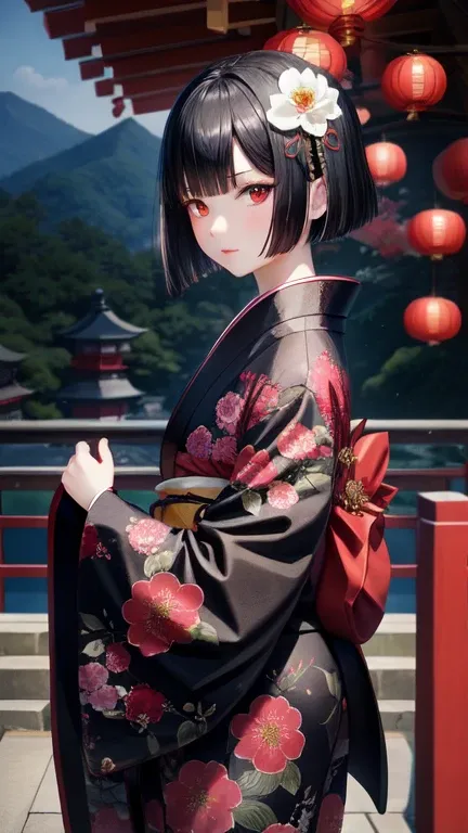 camellia、Black Bob、kimono、Red eyes 、Japanese Landscape