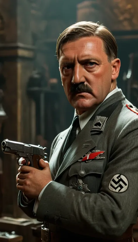 period piece masterpiece, frame the shot to focus on hitler's profile, with the pistol held to his temple, background cinematic,...