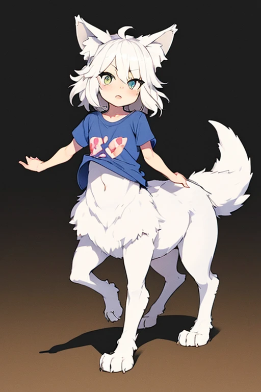 wolf girl、adult、2 men arms、four wolf legs、quadrupedal walking、delicate、delicate face、wolf ears、silvery white hair and body hair、...