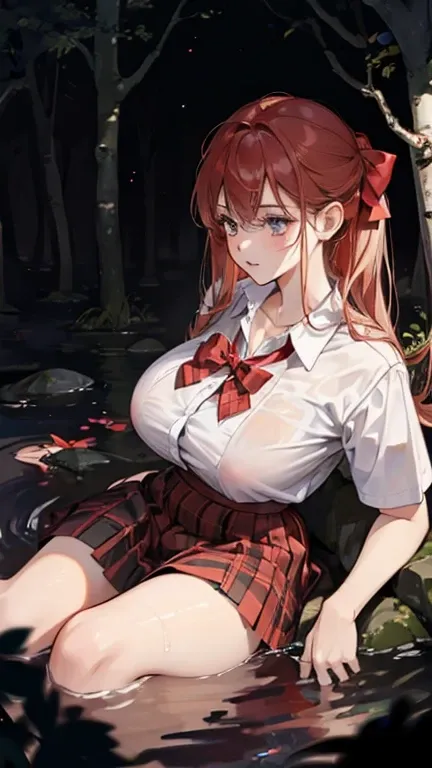 (in the dark:1.6) , school girl Soak in water , red knot , red bow , white Shirt , big tits , Big breasts , skirt dark red , plaid skirt , pleated skirt , in an forest 