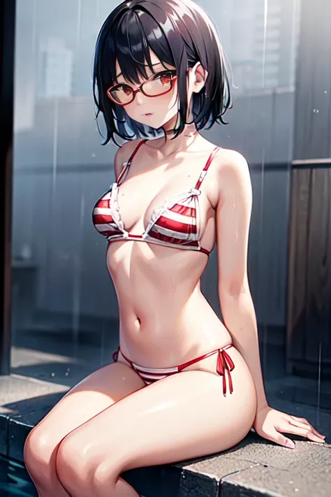 little girlอายุ 14 ปี , short hair, black hair, red eyes, sexy lingerie ((white with red stripes)), , small, cute, sitting in the rain, wet, big breasts, wear glasses, white panties,