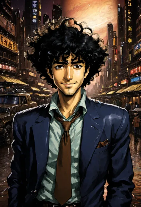 1boy, spike spiegel, cowboy bebop, brown eyes, smile, black hair, cbbebop, cbbebop spaceship, retro artstyle, 1990s (style), old...