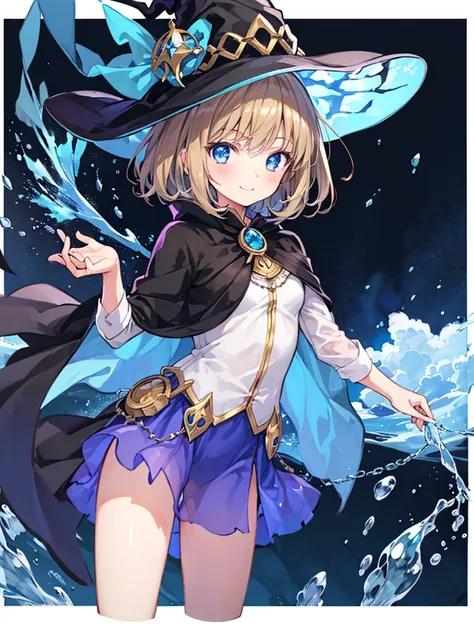 Anime character, a  girl with short/bob (light brown hair) wearing a colorless and transparent witch costume, a prismatic deep sea blue witch hat and cape,gentle smile,