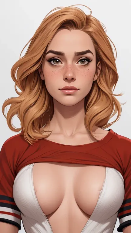 Character style illustration style Completely bare breasts showing small fear Breast size Cartoon name: Isabella Cruz white background medium breasts freckled face Hermione Granger actress strong contours Physical description - long straight hair, tingidos...