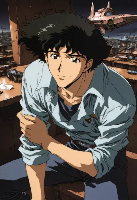 1boy, spike spiegel, cowboy bebop, brown eyes, smile, black hair, cbbebop, cbbebop spaceship, retro artstyle, 1990s (style), old...