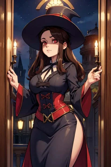 A brown haired female witch with red eyes with an hourglass figure in a conservative Victorian gown is practicing magic at night