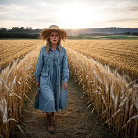 A scarecrow wearing a farmers smock is located in the midst of a vast, picturesque wheat field. This realistic image captures every intricate detail of the scene, from the volumetric lighting casting long shadows over the golden stalks, to the high-definit...