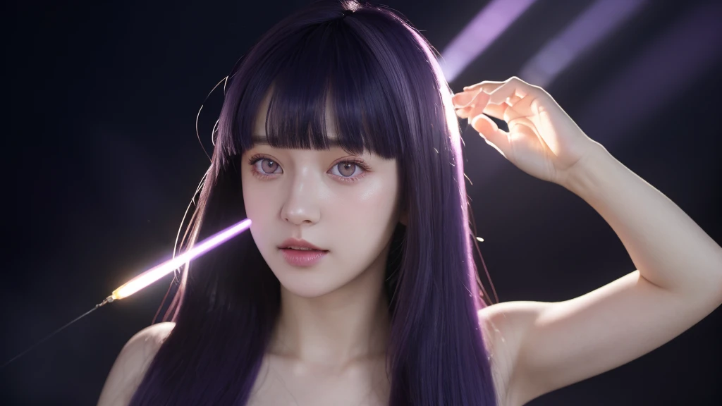 (best quality, masterpiece:1.2),ultra detailed,(photo realistic:1.4),solo,cute girl,(colorful illumination:1.1),light_particles, summon,on hand,luminescence_circle_background,Blunt Bangs, purple eyes, long dark blue hair, naked, nude, big breast