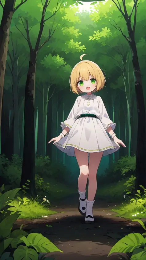 (highest quality), 1 Girl, :d, Head tilt,((Eerie Dark Forest:1.6)),(((Full Body:1.3))),(((((Cute clothes))))),Short Hair,Blonde,Green Eyes,Walking through a dark forest,It&#39;s a very scary forest,white long dress,(Anxious expression),