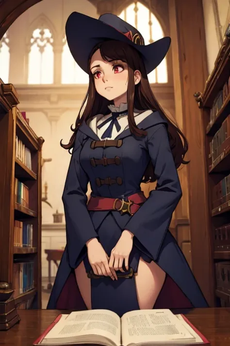 A brown haired female witch with red eyes with an hourglass figure in a conservative Victorian gown is blushing in the library