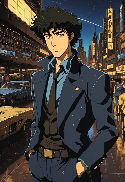 1boy, spike spiegel, cowboy bebop, brown eyes, smile, black hair, cbbebop, cbbebop spaceship, retro artstyle, 1990s (style), old...