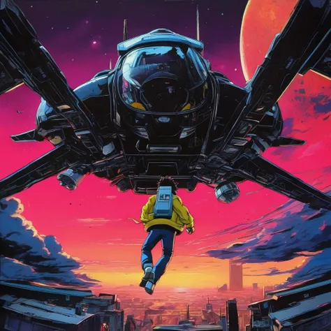 Shinichiro Watanabe style . Illustration of Cowboy Bebops.  Hyperrealistic painting of Bebop,  spaceship Bebop, floating amidst the vastness of space, exuding an unbelievable coolness, with the allure of the unknown and a palpable sense of adventure, ultra...