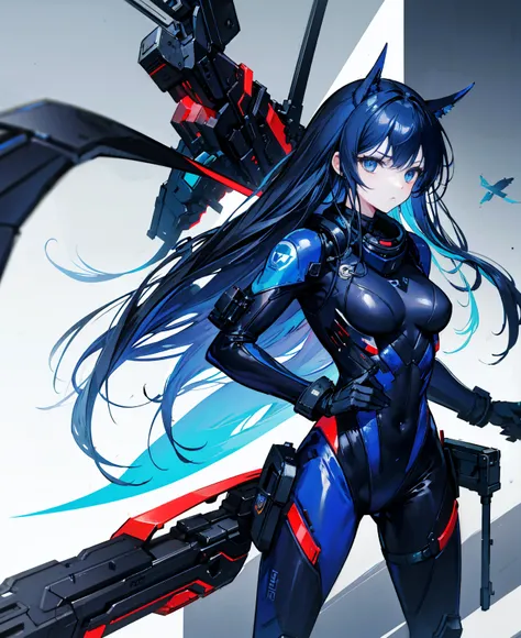 no background，girl，carry a firearm，Enamel-like tight suit，use of firearms，Navy blue long hair，attention arousal，Blue colored eyes,no gradation