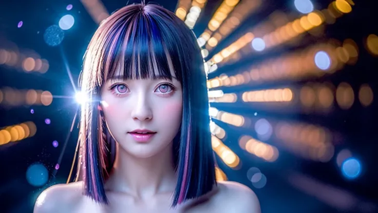 (best quality, masterpiece:1.2),ultra detailed,(photo realistic:1.4),solo,cute girl,(colorful illumination:1.1),light_particles, summon,on hand,luminescence_circle_background,Blunt Bangs, purple eyes, long dark blue hair, naked, nude, big breast