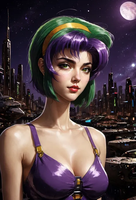 1girl, faye valentine, cowboy bebop, bob cut, solo, big breasts, green eyes, purple hair, hairband, cbbebop, cbbebop spaceship, ...