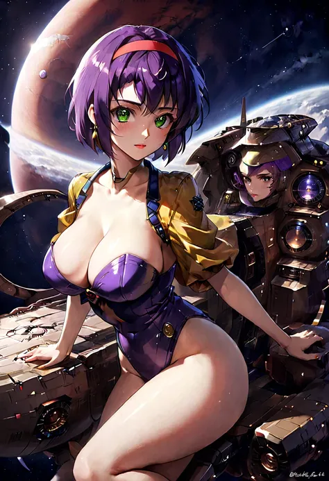 1girl, Faye Valentine, Cowboy Bebop, bob cut, solo, big breasts, green eyes, purple hair, hairband, cbbebop, cbbebop spaceship, retro artstyle, 1990s (style), oldest, (masterpiece), (best quality), (ultra-detailed), very aesthetic, illustration, disheveled...