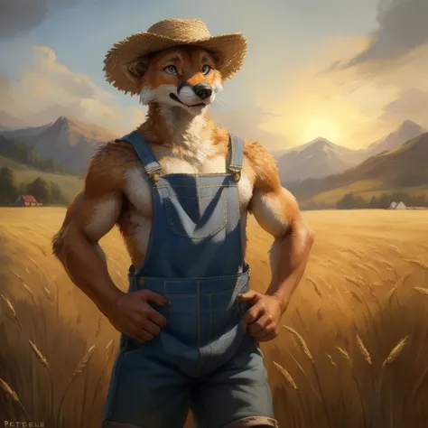 (ultra detailed), a stunning and realistic full-size portrait of a humanoid patchwork animal, showcasing an exquisite animal style, wearing farmer overalls, standing amidst golden fields of wheat,
kenket, Ross Tran, ruan jia, trending on artstation, foxovh...