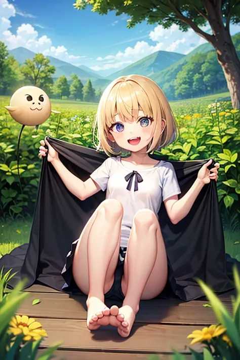 ！！、Young！！、one person！、４Year old girl、short hair、Blonde、With bangs、small、laughing、Big eyes、barefoot、Short sleeve、black eye、cute、With legs apart、with ribbon、skirt、Small breasts、身長のsmall、体のsmall、Short legs、Naughty！、In underwear、Charm