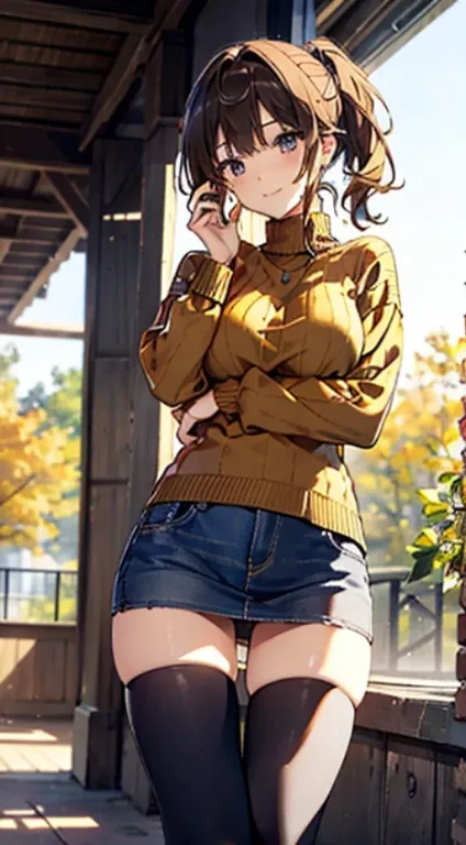  (8k, RAW photo, best quality, masterpiece:1.2), (extremely detailed 8k wallpaper),illustration、professional lighting,sharp focus, depth of field、、clear eyes、perfect anatomia、12year old、high ponytail、(brown Knit sweater :1.3)、(tight denim miniskirt:1.3),hu...