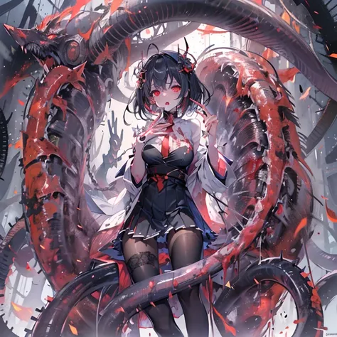 masterpiece, best quality, masterpiece,best quality,official art,extremely detailed CG unity 8k wallpaper, show foot, little girl, solo, kawaii, no_humans, medium hair, black hair, tentacle hair, saliva, blood on face, light blush, red eyes, blood from eye...