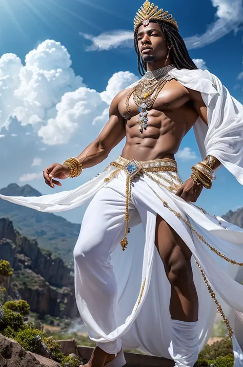 full length view of a male muscular African-American god, long white floating wavy Hair, diamond embroidered exquisite looking crown, diamond accessories, Transparent diamond embroidered exquisite crystal transparent drape majestic skimpy outfit, surrounde...