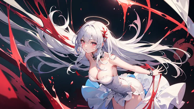 individual，masterpiece, Top quality, Very detailed, Unity 8K Wallpaper，Standing，Lean forward，Big breasts，White long hair，Girl，White Strapless Lace Wedding Dress，Blood-red thorn halo，Short skirt，Long back pendulum，Blood-colored pupils，Blood