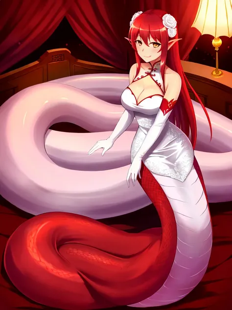 1girl, red lamia, scales, tail, full body, smile, long hair, red hair, yellow eyes, blush, happy face, bedroom, wedding dress, chinese girl, mature female, large breasts, elbow gloves, white gloves,