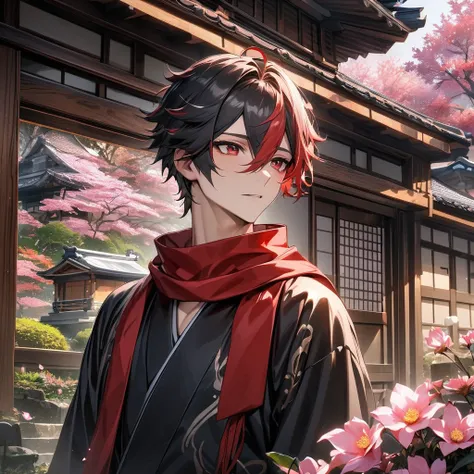 absurdres, highres, ultra detailed, HDR, master piece, best quality, Hizen Tadahiro, Gemini hair, left half red hair, right half black hair, hair between the eyes, expressive red eyes, solo, 1man, handsome, black kimono, red scarf, Japanese traditional res...