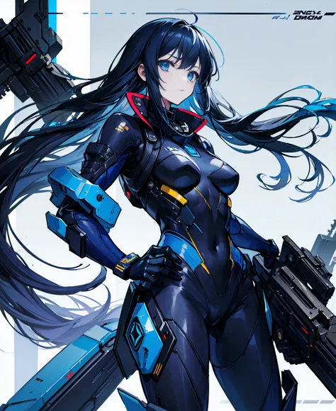 no background，girl，carry a firearm，enamel-like tight suit，use of firearms，navy blue long hair，attention arousal，blue colored eye...