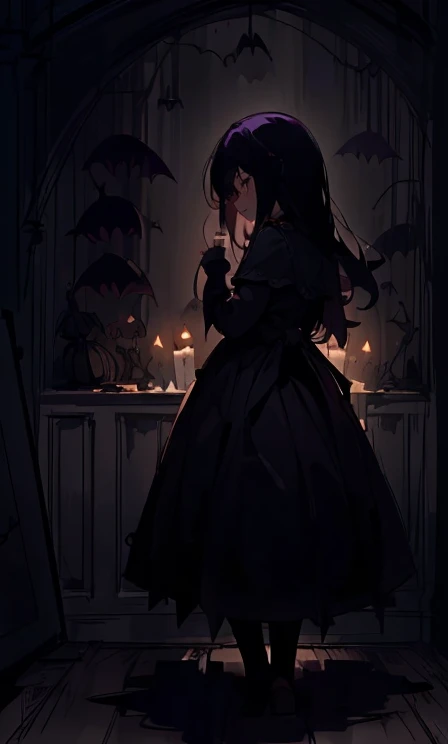 (highest quality), 1 Girl, :d,((Spooky dark room:1.6)),(((Full Body:1.3))),(((((Cute clothes))))),Dark purple hair,Messy long hair,straight hair,red eyes,((Walking through a dark room)),It&#39;s a very scary room,Black gothic long dress,(Melancholy express...