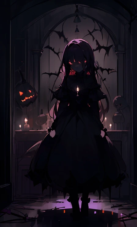 (highest quality), 1 girl, :d,((spooky dark room:1.6)),(((full body:1.3))),(((((cute clothes))))),dark purple hair,messy long ha...