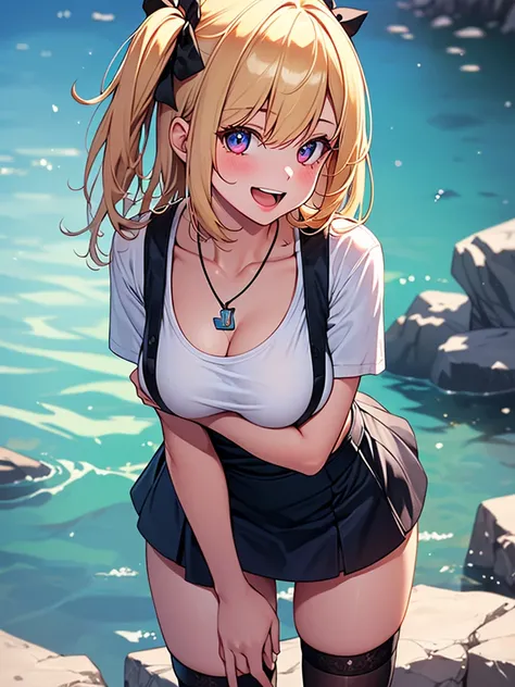  (highest quality, High resolution, perfect pixel, Depth of bounds written, 4K), (from above), (1 girl), perfect body, blond hair, (two side up), white t-shirt, (v-neck), (black suspender skirt), necklace, (kneehighs), (standing), leaning forward, (breast ...