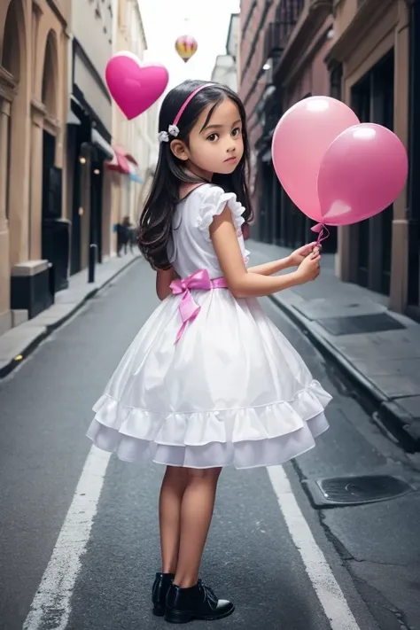 ((holding a ballon)), (((full body))), real photo, 10 years old girl, Brat female , ((looking back at me)), dress shoes,