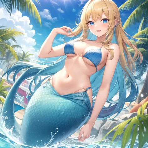 mermaid, long mermaid tail below waistline, blonde hair, blue eyes, red lips,water, happy,