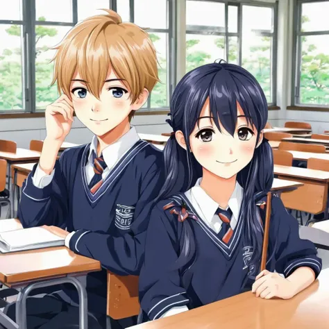 anime couple of cute boy and girl in  in school 