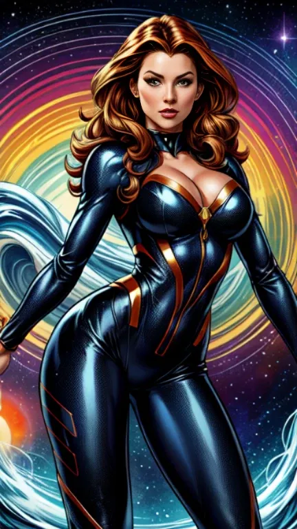 masterpiece,very sharp image,extremely beautiful woman space retro futurism, beautiful face,hi-tech armour over colorful catsuit...