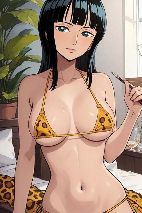 (masterpiece),Best Quality,wonderful,detail fine.Depth of written boundary,Beautiful and fine details, Nico Robin, One girl,Mature Woman,Happy,A light smile, leopard print micro bikini, Stomach, chest