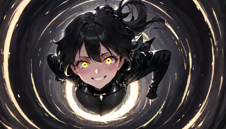 (masterpiece, best quality, very aesthetic, absurdres, general),Creepy woman, looking down, bright smile, glaring eyes, black clothes,Shining woman,woman sucked into a black hole