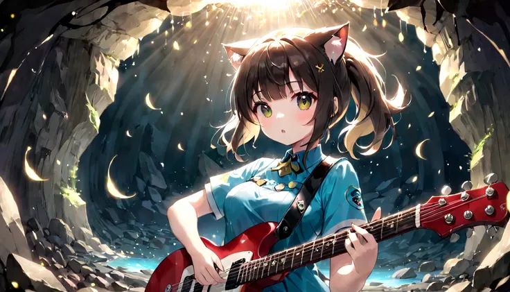 (masterpiece, best quality, very aesthetic, absurdres, general), 1 girl, cat ear, short ponytail, cute, kawaii, blunt bangs, long sideburns, focus on the face, fisheye, guitar,particles of light,long shot,medium breasts,destroy ,cave